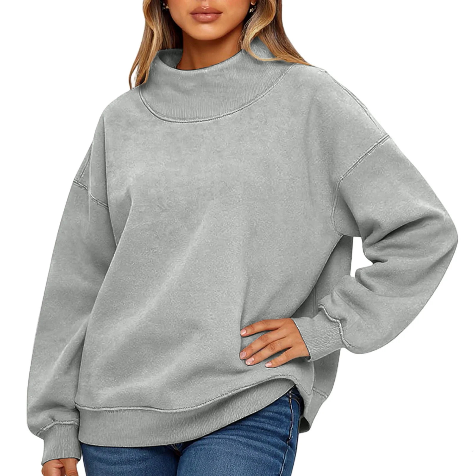 Fashionable Loose High Neck Long Sleeved Solid Color Hoodie for Lady Lazy Style Basic Casual Commuted Pullover Top 260126