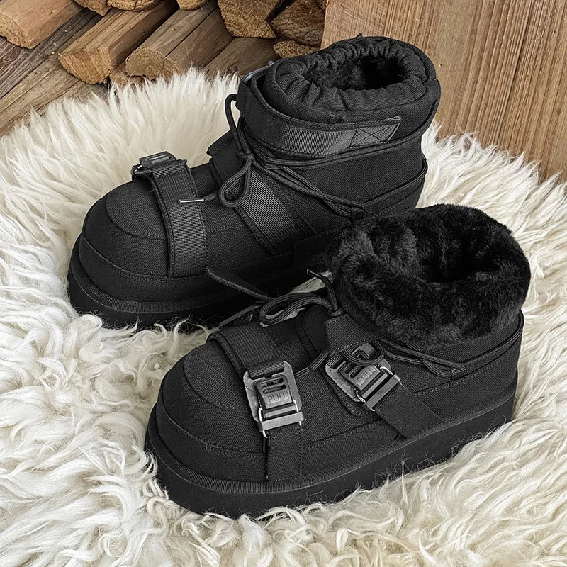 Winter Short Snow Boots Woman Cross Lace Up Round Toe Wool Warm Flat Platform Shoes Women Cow Suede Ankle Boots For Women 260202