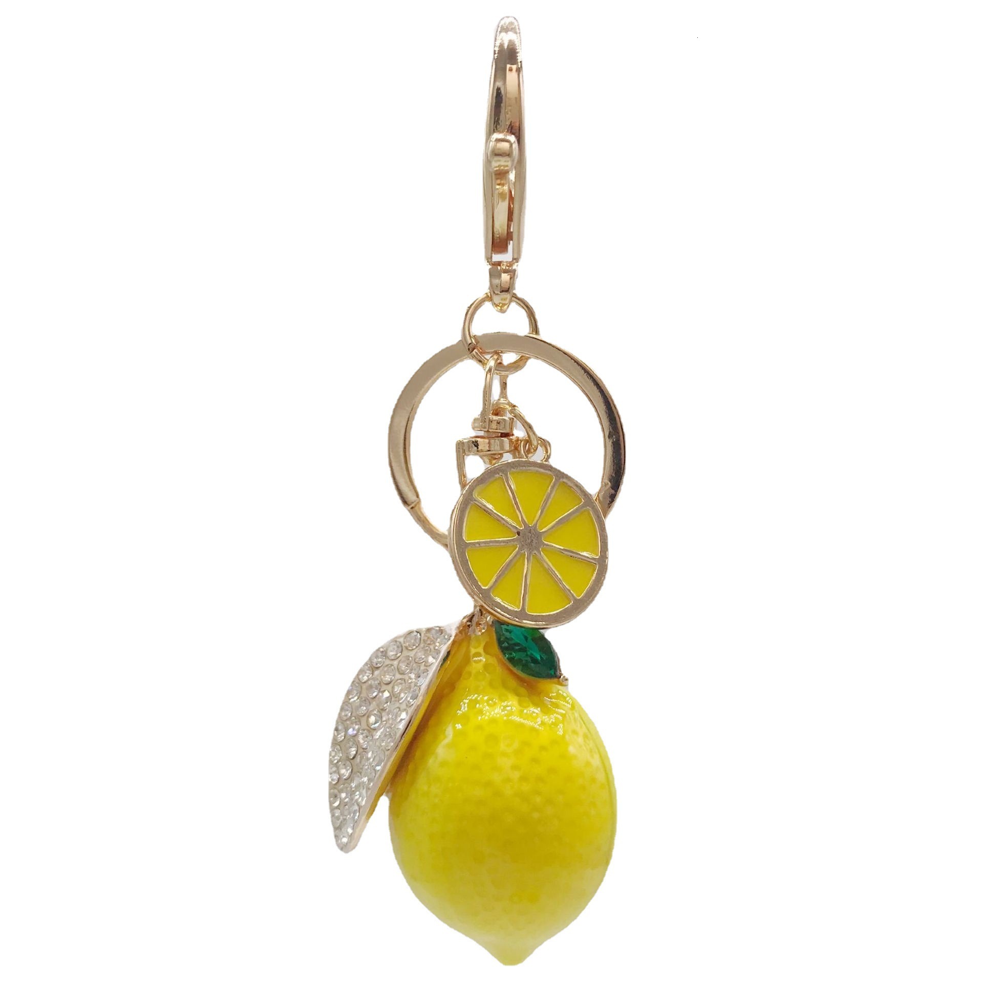 Creative Cute Alloy Rhinestone Oil Drop Simulation Fruit Lemon Keychain Car Bag Pendant Supermarket Gift