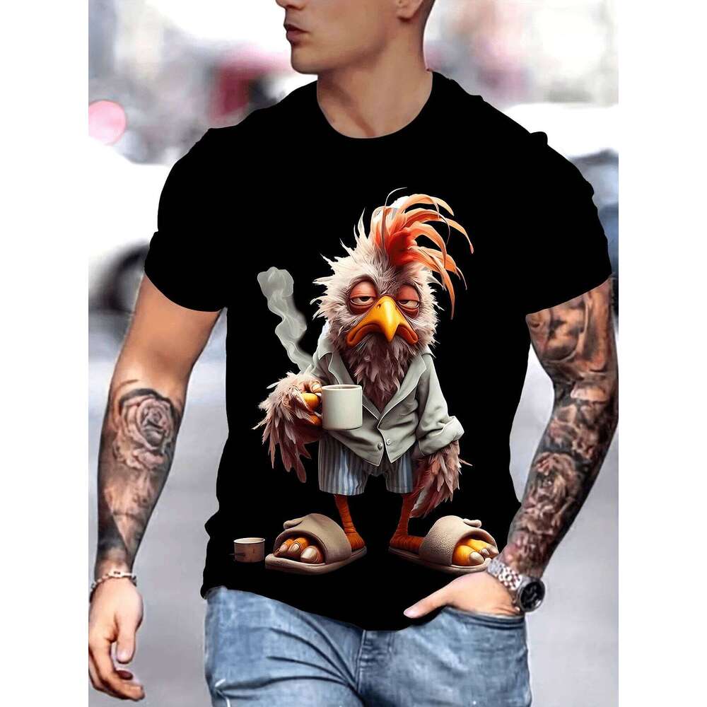 Men's 3D Printed Novelty T-Shirt - Whimsical Rooster in Clothing & Coffee Mug Graphic, Black Casual Round Neck Tee X260209