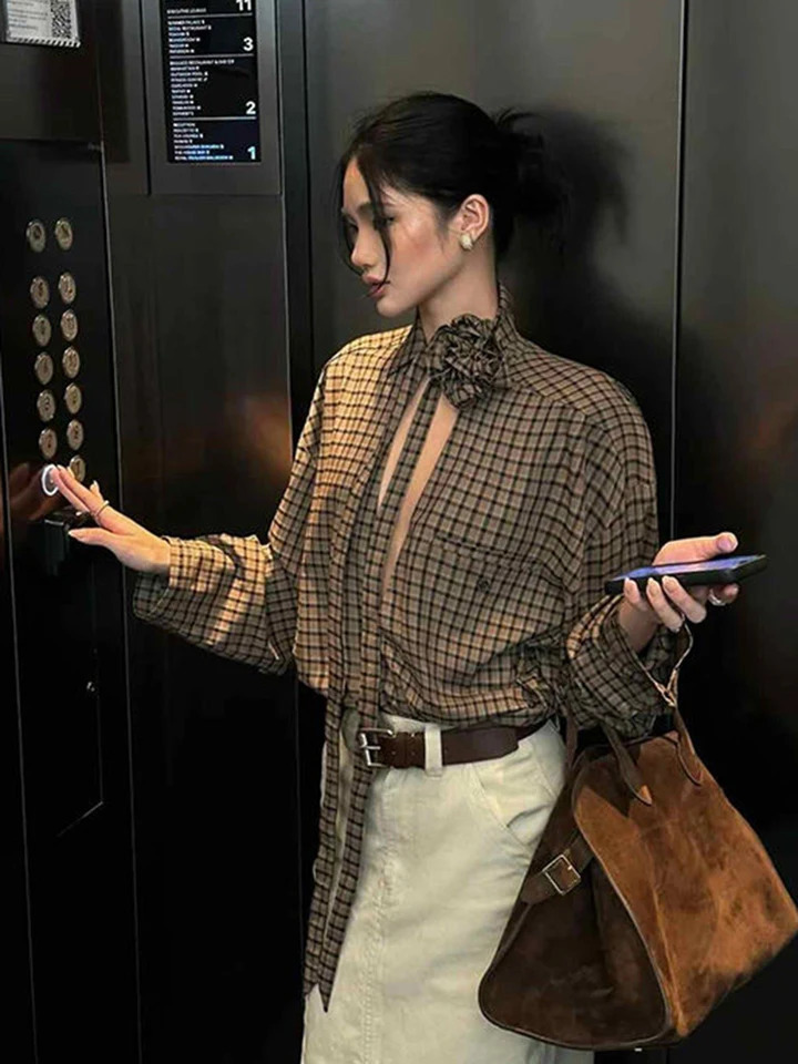 Jmprs Hollow Out Y2K Plaid Shirts Women Streetwear Vintage 3D Floral Lace Up Blouse Gothic Long Sleeve Loose American Casual Top 260207