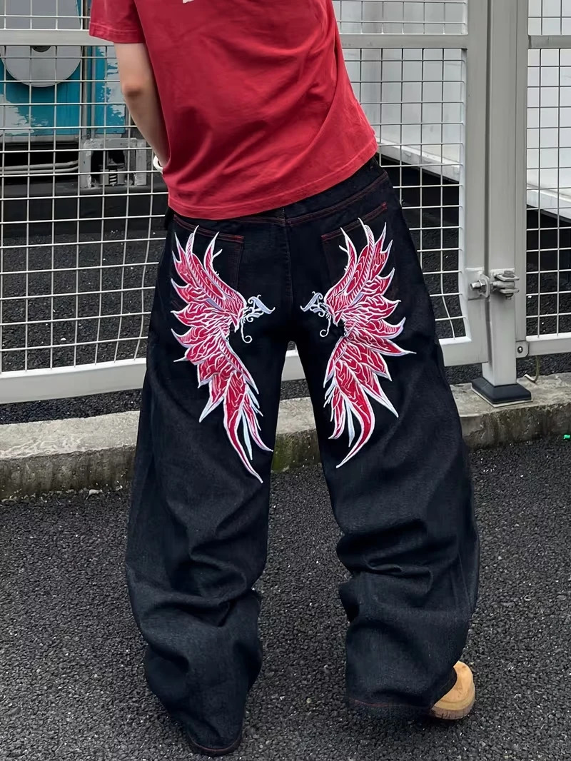 Y2K Grunge Black Washed Jeans Men Red Phoenix Wing Print Baggy Wide Leg Streetwear Denim Pants 260208
