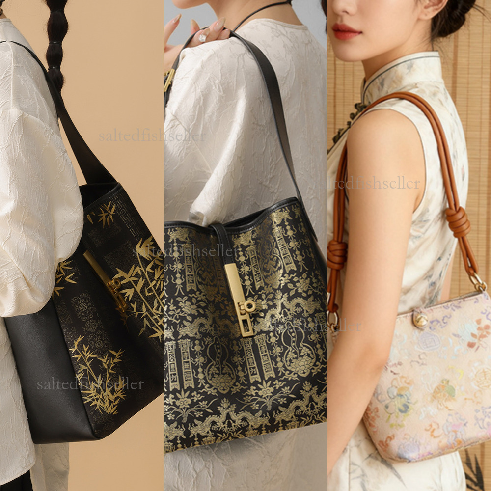 2026 Luxury New Silk Women's Handbag New Chinese Fashion Jacquard High End Bucket Bag Versatile Temperament Single Shoulder Crossbody Bag Metal L