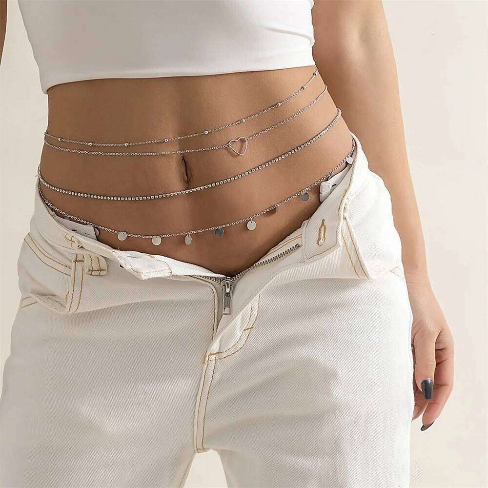 Fashion MultiLevel Gold-plate Crystal Round Sequin Heart Pendant Waist Chain For Women Elasticity Sexy Beach Body Jewelry Gift X260209