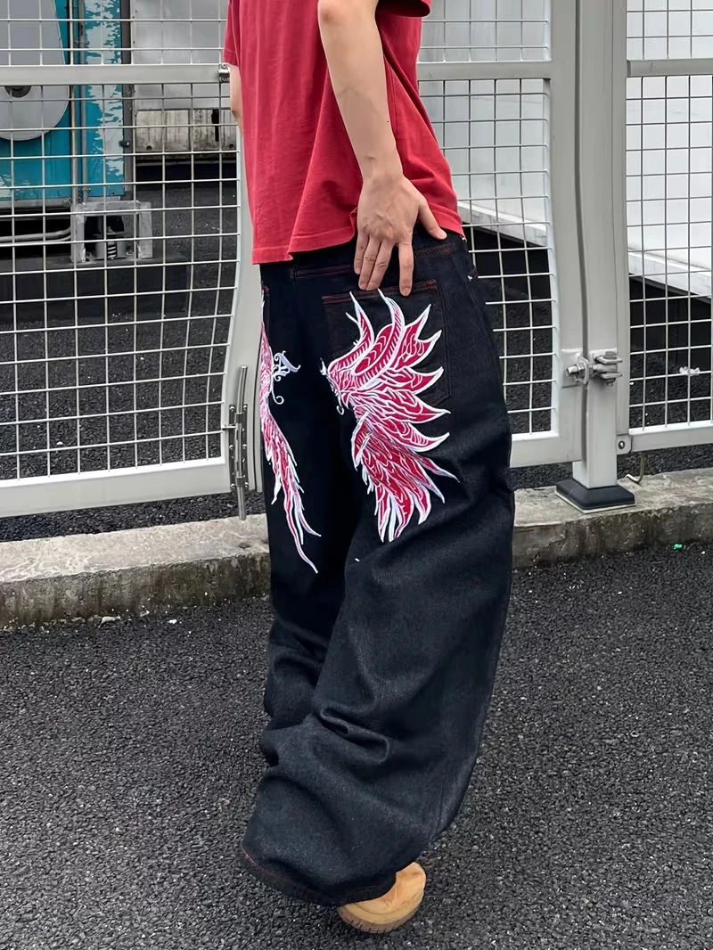 Y2K Grunge Black Washed Jeans Men Red Phoenix Wing Print Baggy Wide Leg Streetwear Denim Pants 260208