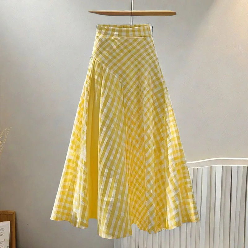 Dopamine Yellow Waist Plaid n Long Skirt for Women Fashionable Style 260126