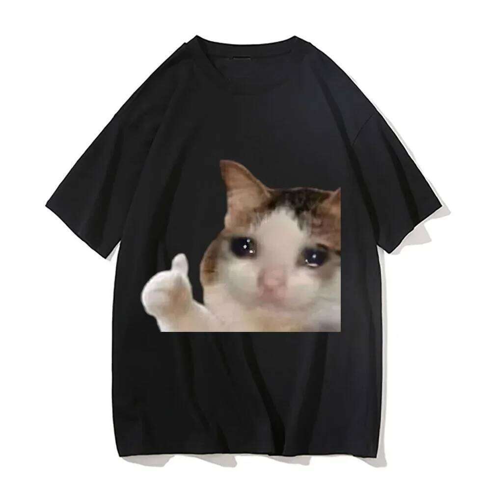Funny Sad Cat Meme Graphic Cotton T-Shirt for Men and Women Comfortable Soft Casual Short Sleeve Round Neck Daily Wear Street X260209