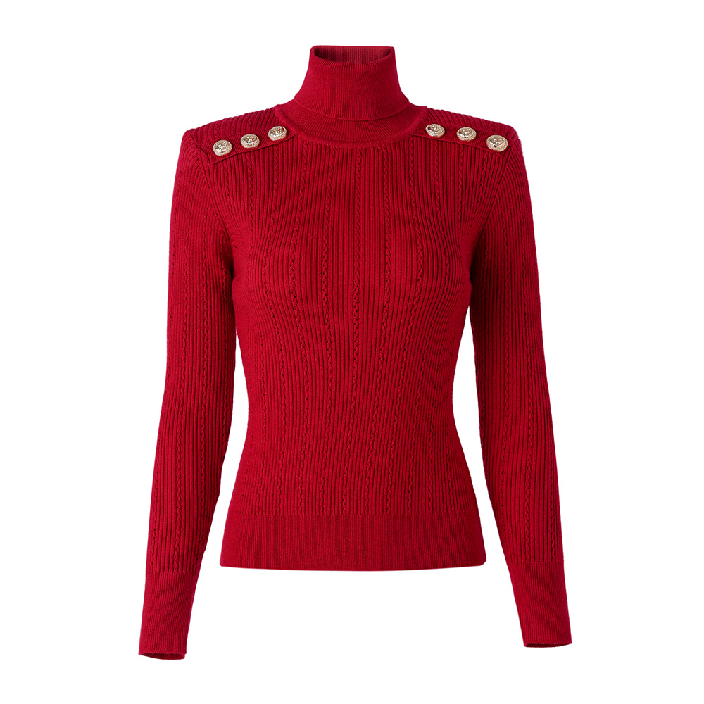 Women's Sweaters Coral Red Black Turtleneck Pullover Sweater For Women Spring Fashion Shoulder With Gold Lion Button