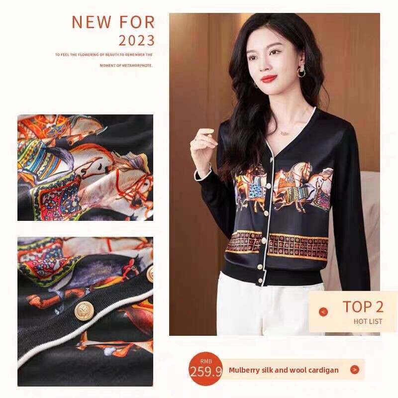 High-End Mom's Clothing Printed Pattern Patchwork Satin Knit Cardigan Spring Summer New Style Outerwear Elegant V-Neck Long Sleeve