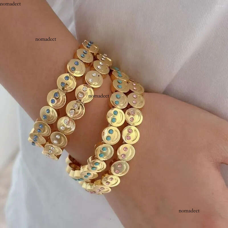 Gold Color Fashion Happy Face Girls Bracelet Cubic Zirconia Beads Golden Women Men Gifts Jewelry Access 4d