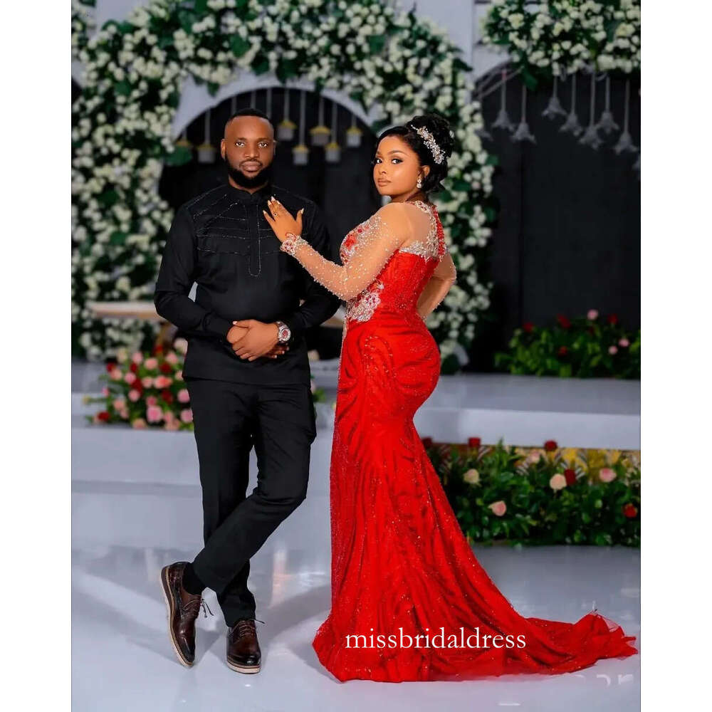 Red Mermaid Prom Dresses 2026 Beaded Lace Full Sleeves Sparkly Evening Formal Party Gowns Plus Size Robe De Soiree Mariee Luxe 0209