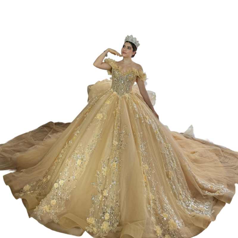 Yellow Quinceanera Dresses Ball Gown Off The Shoulder Applique Flower Beads Tull Corset Party Birthday Sweet 16 Dress Vestidos