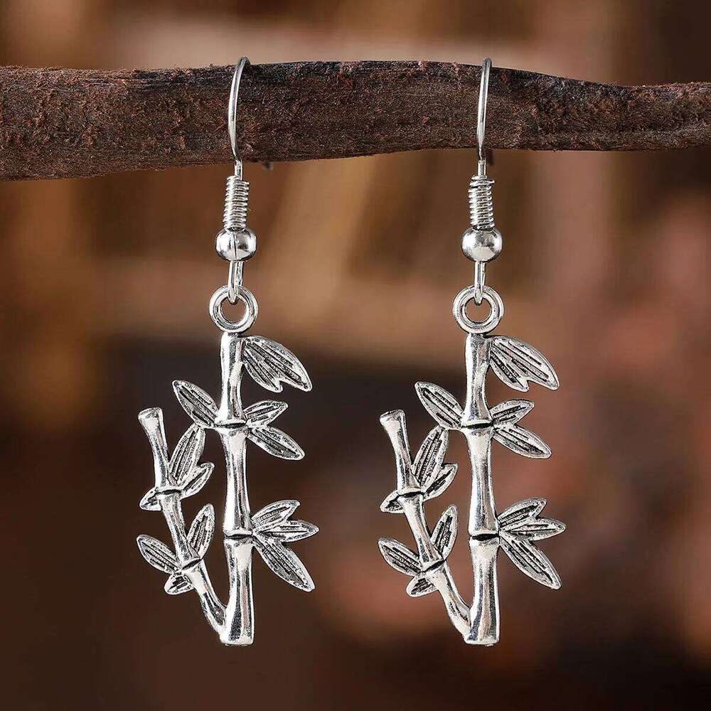 Earrings and Necklace Chinese Retro Bamboo Branch Leaf Pendant Gold Plated for Cultural Festival and Daily Wear Jewellery Gift High Quality Texture