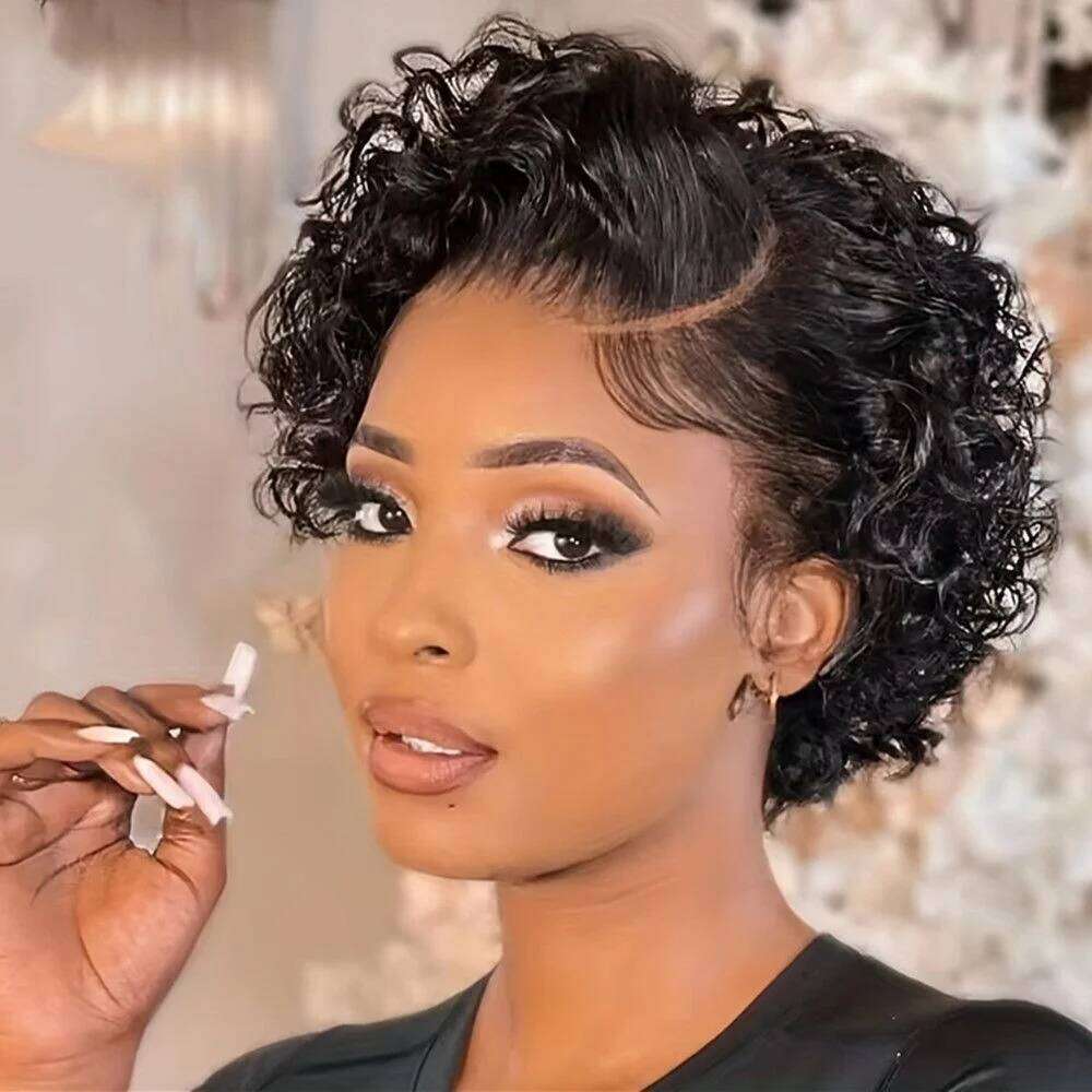 Short Bob Pixie Cut Curly Human For Women Black Color 13X6x1 T Part Lace Closure Deep Wave Lace Wig Preplucked Hair VMS