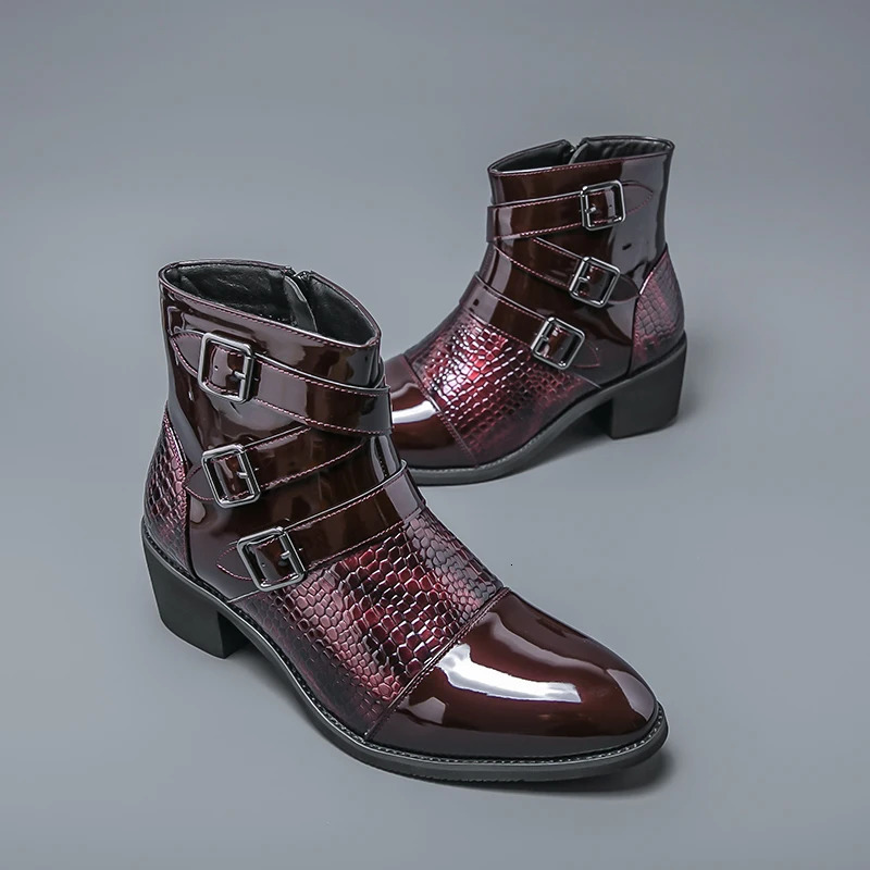 Mens Pointed Patchwork Patent Leather Casual Ankle Boot Male Winter High Tops Monk Strap Shoes Zapatos Hombre 260208