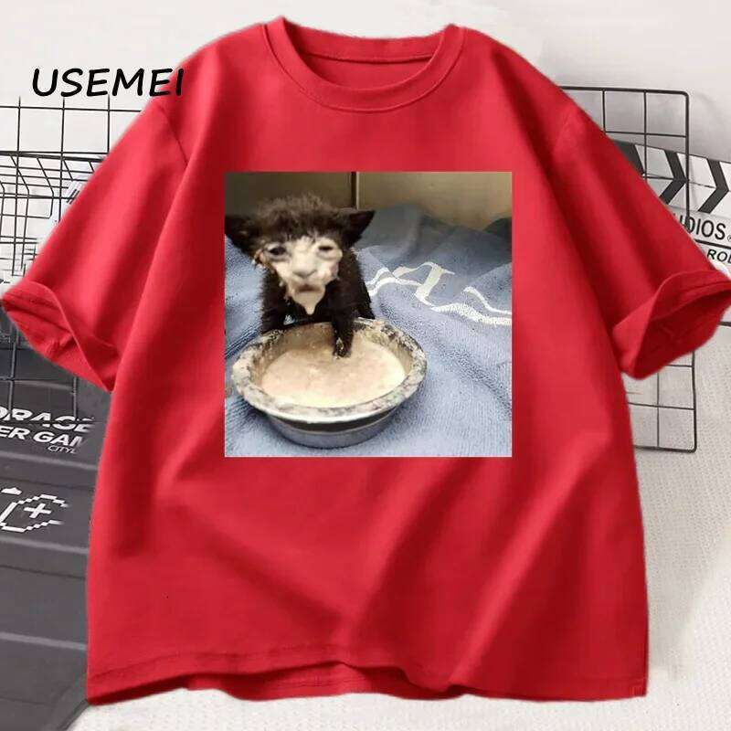 Milk face stem T-shirt, a strange and interesting cat printed for men, 100% cotton short-sleeved T-shirt X260209