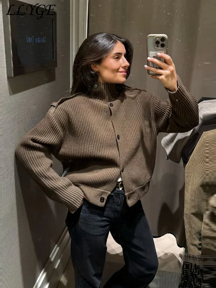 Casual Womens Knit Ribbed Cardigans Stand Collar Single Breasted Long Sleeve Female Sweater 2026 Spring Lady Chic Knitwear 260122