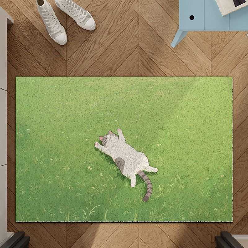 Cartoon cat entrance door mat entryway dirt-scraping floor mat household doorway anti-slip and dirt-resistant silk loop mat S260207