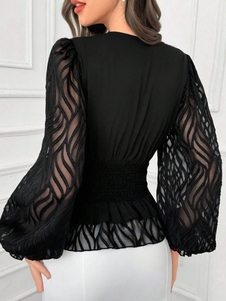 Womens Elegant and Fashionable V Neck Lantern Sleeve Waist Shirt 250203