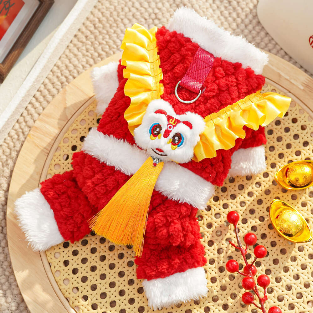 New Year Chinese Style Lion Dance Fleece-Lined Warm Pet Clothes Teddy Plush Tang Suit Dog Supplies Cat Outfit