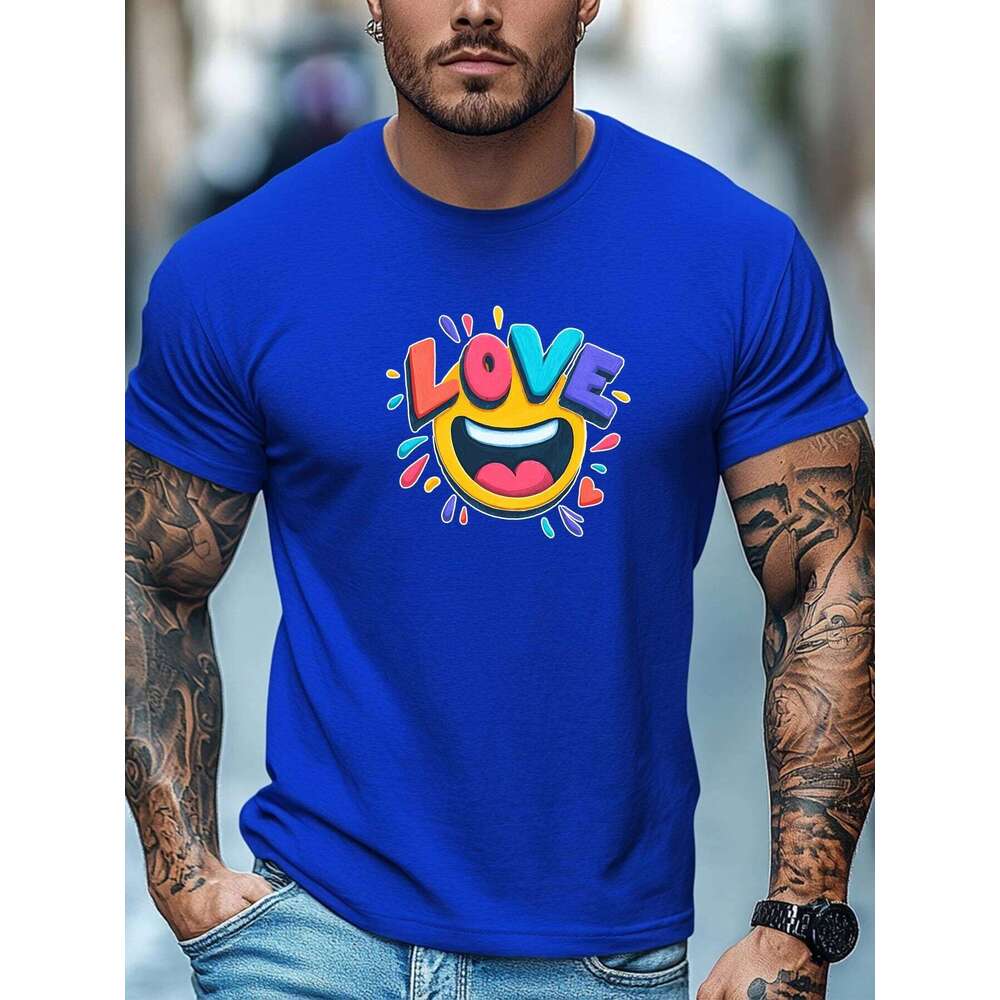 Men's Summer T-Shirt Love Colorful Print Short Sleeve Round Neck Breathable Oversized Sweet Daily Wear X260209