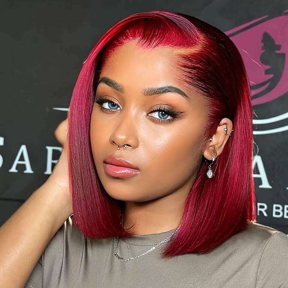 Frontal Short Straight Lace Front Bob Wigs For Black Women Human Hair Wine Red 99J Burgundy VMS