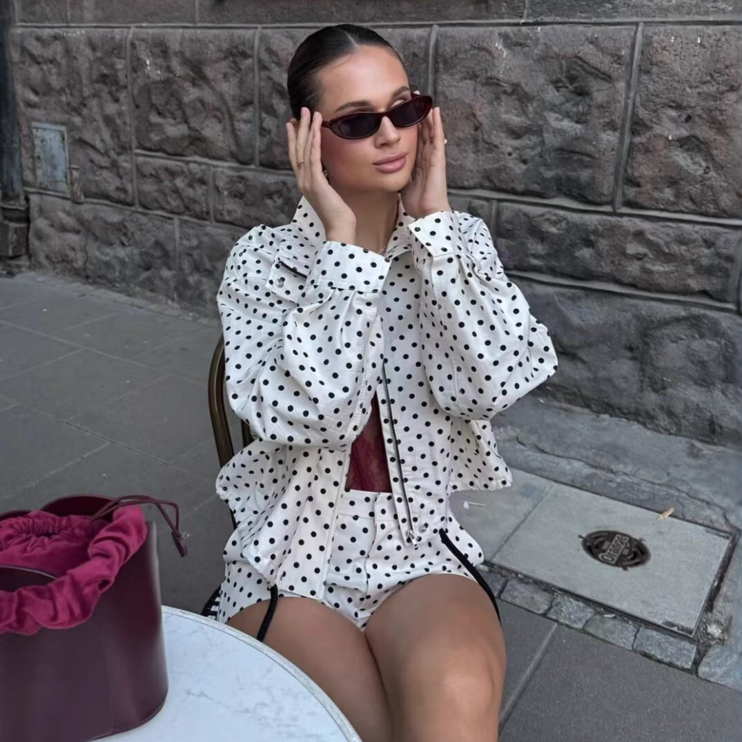 2026 Spring New European and American Style Women's Stand up Collar Polka Dot Bubble Yarn Fashion Trend Jacket Pilot Style Coat Women's Coat