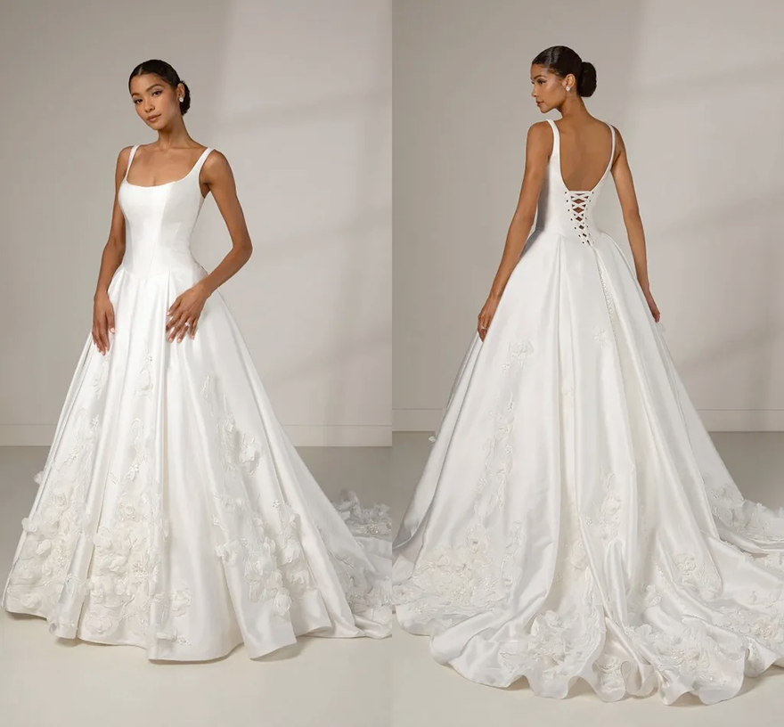 2026 Charming 3D Hand Flowers Elegant Ivory Satin A Line Wedding Dresses U Shape Neckline Spaghetti Straps Robe De Mariee Backless Simple Modern Brida