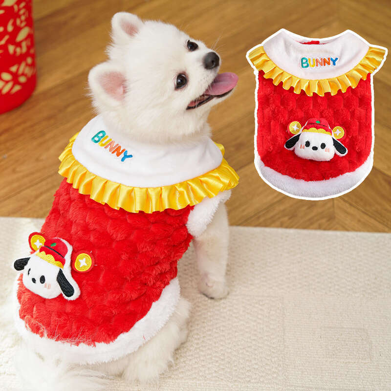 New Year Autumn Winter Double Layer Thickened Velvet Chinese Style Jade Rabbit Pet Dog Cat Clothes Accessories Tang Suit Bichon Teddy