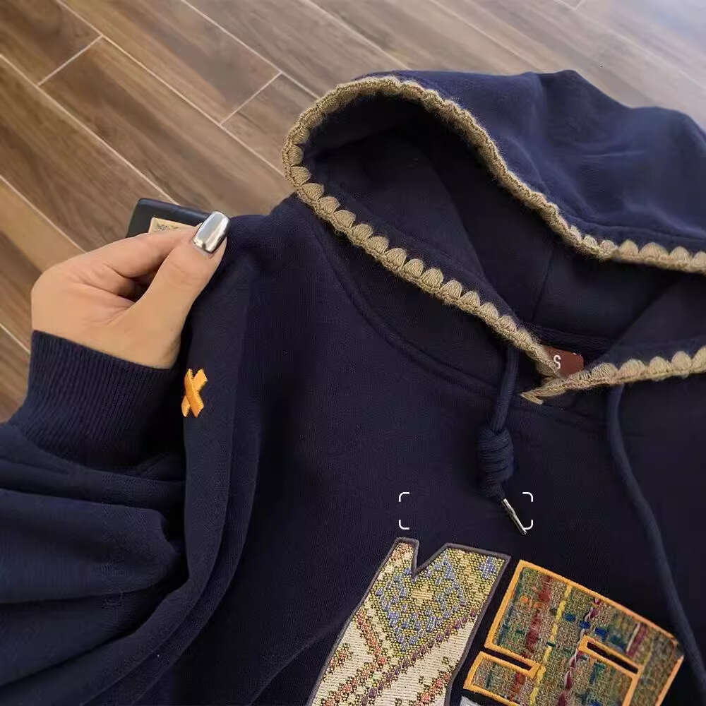 National Trend Embroidered American Retro Hooded Sweatshirt Women's Autumn Winter Slim Loose Lazy Style Fleece Plus Size Top