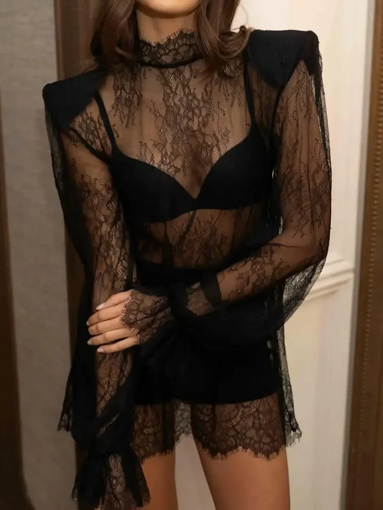 Chic Black Lace See Through Lady Fashion Top Halfhigh Collar Full Sleeve Cropped Blouse 2026 Spring Women Party Street Tops 250203