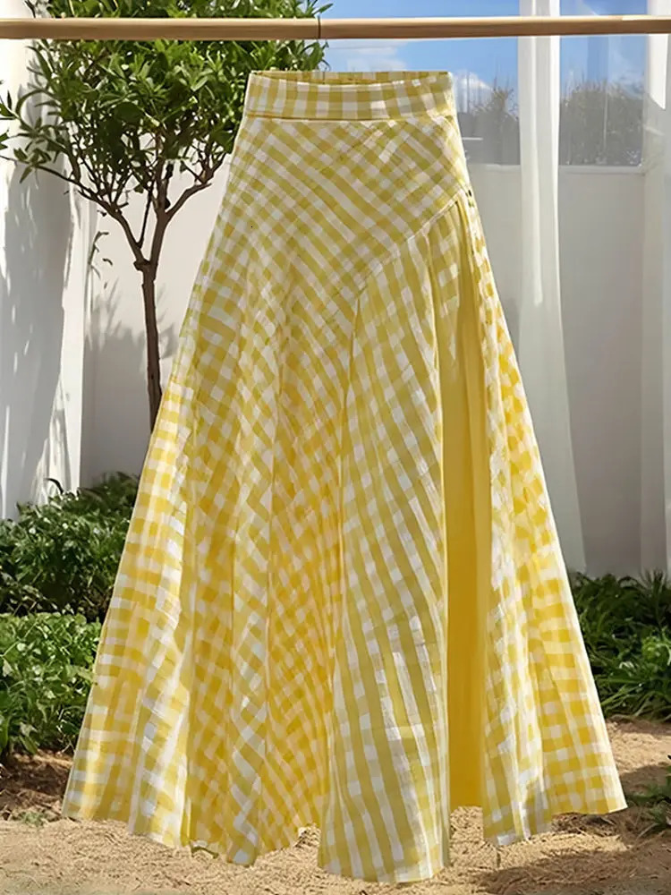 Dopamine Yellow Waist Plaid n Long Skirt for Women Fashionable Style 260126
