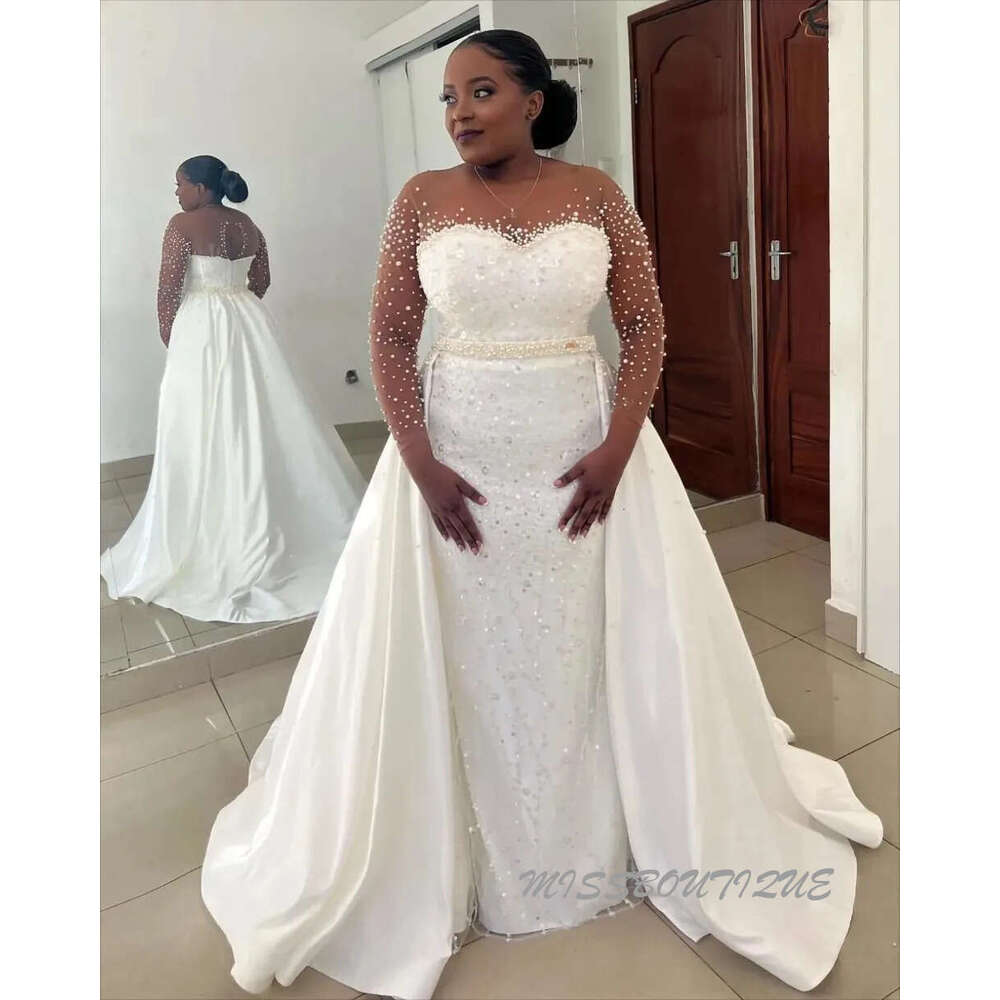 Ivory Satin Mermaid Wedding Dress With Pearls Sequins Full Sleeves And Detachable Train Vestido De Novia 0209