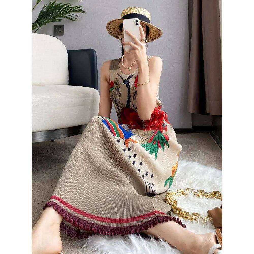 2025 Summer Minimalist Printed Dress Women's Sleeveless Pleated Tank Top Skirt High End Vintage Dress