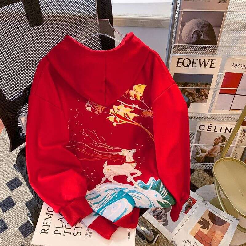 Autumn Winter New Style Cotton Fleece Hoodie Women's Clothing Plus Size Hooded Sweatshirt With Printed Embroidery And Chinese Knot