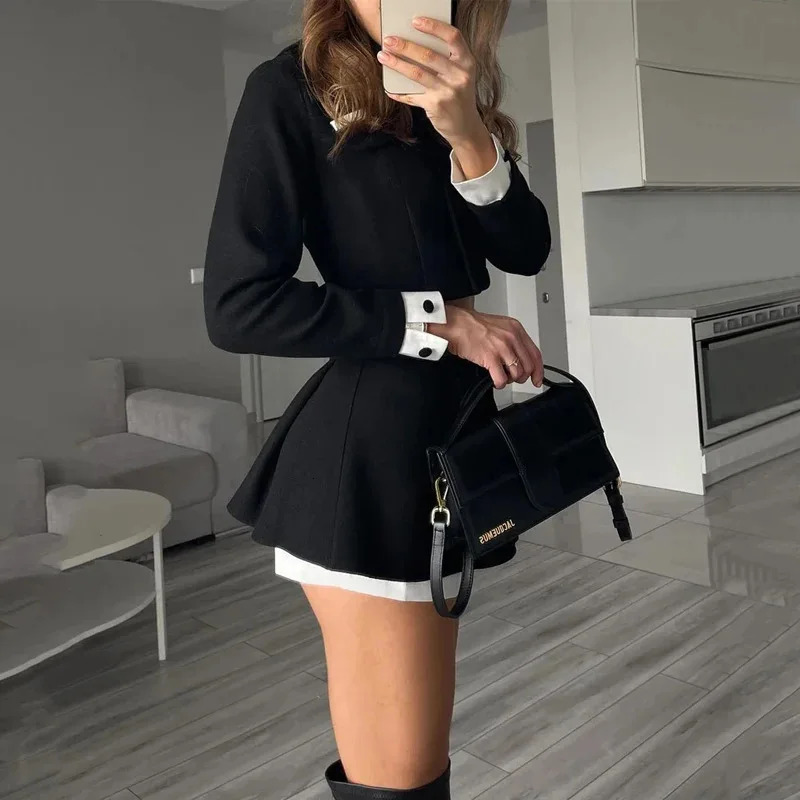 TARUXY Tweed Shorts Skirt Two Piece Set Women Elegant Long Sleeve Single Breasted Jacket Woman 2 Suits Lady Outfits 250203
