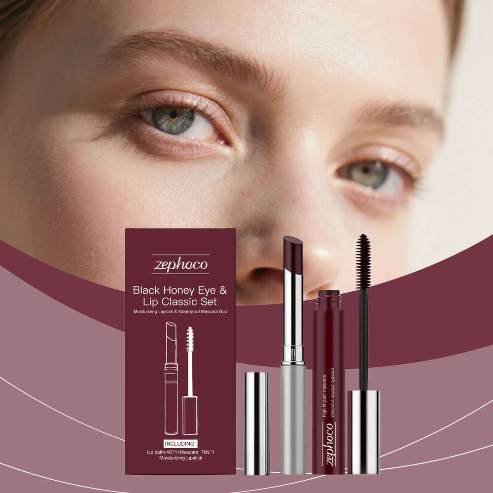 Zephoco Black Honey Eye and Lip Classic Set Brown Curling Mascara Moisturizing Silky Lipstick Natural Color