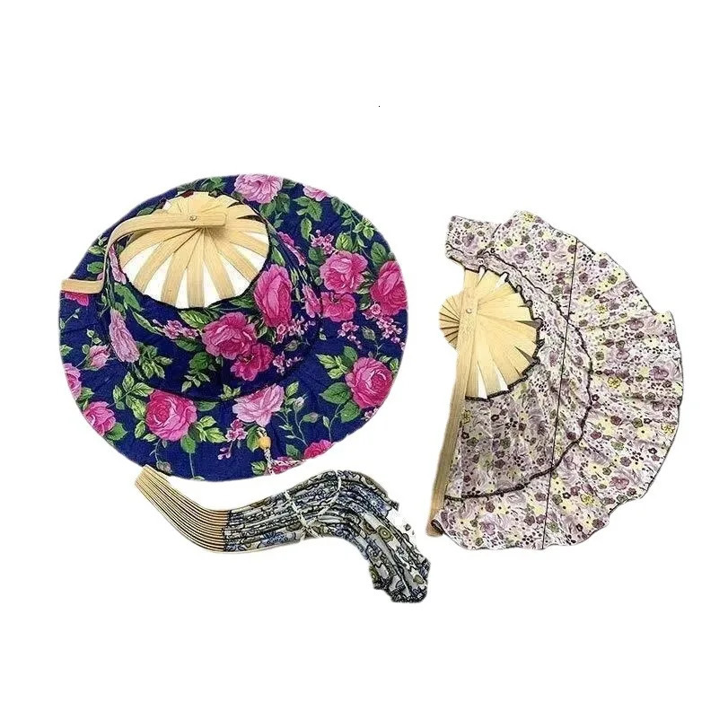 Bamboo fan hat folding portable versatile beach hat sun hat girls summer sun protection sun hat folding fan hat 260208