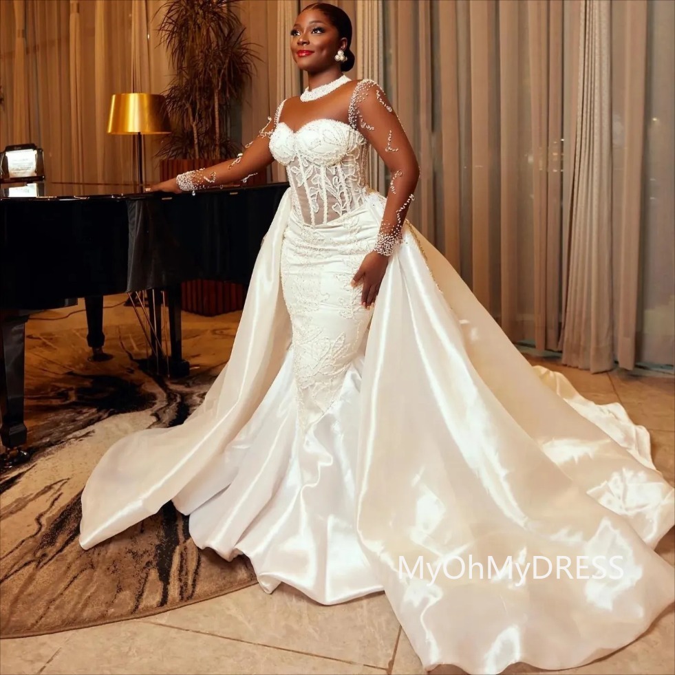 Arabic Aso Ebi Plus Size Mermaid Wedding Dress in Ivory with Lace Beaded Crystals and Detachable Train Church vestido de novia 0209
