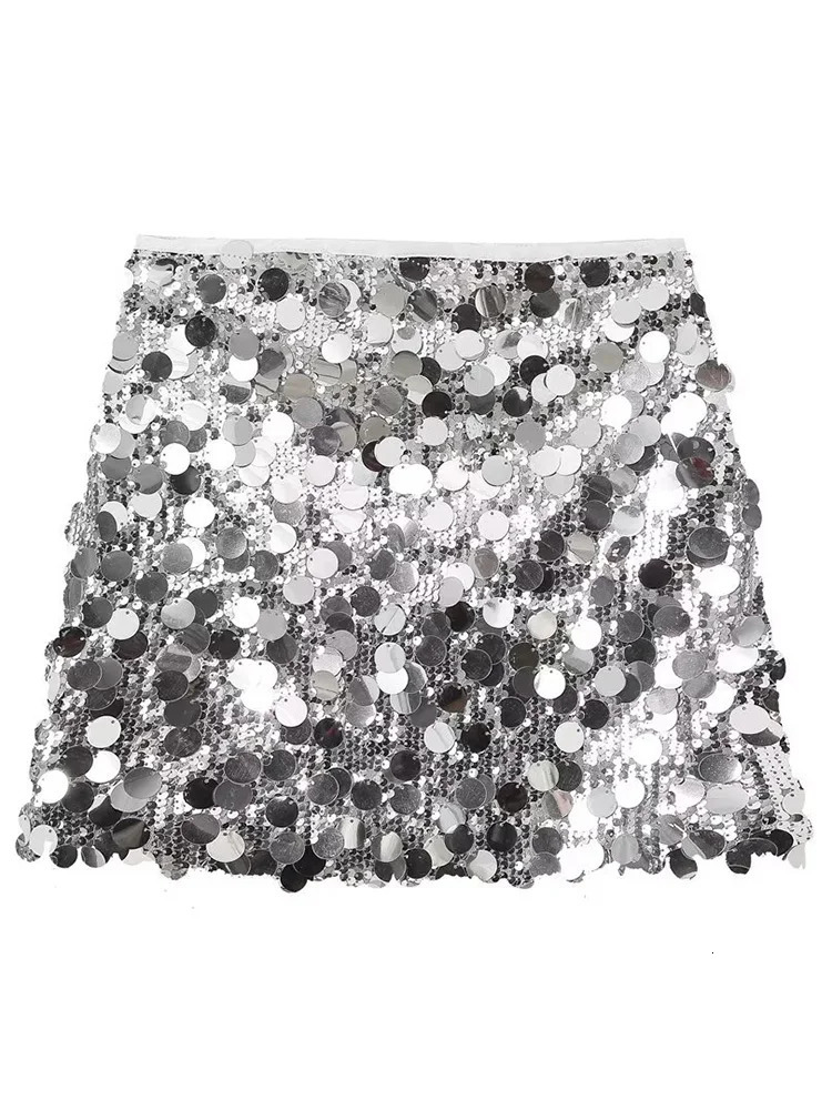 Women Fashion With Sequined Solid Side Zipper Mini Skirt Vintage High Waist Female Chic Lady Skirts 260122