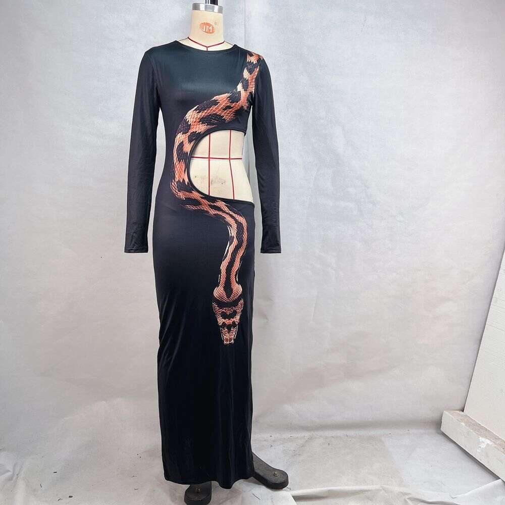 European American Style Women's Autumn And Winter Fashion Dress, Sexy High-Slit Long-Sleeve Snake Print Slim-Fit Long Dress