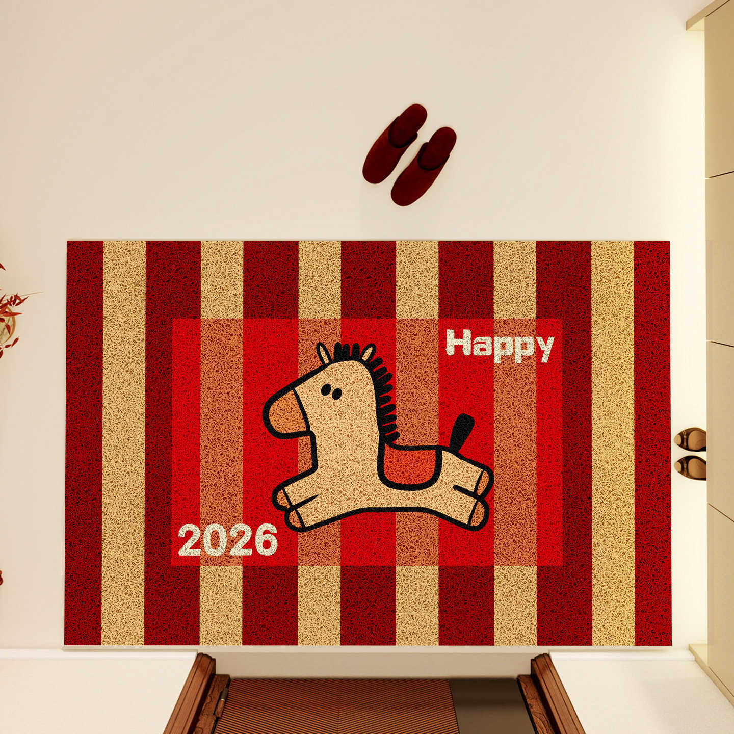 2026 Year of the Horse Entrance Door Mat Outdoor Doorway Entryway Floor Mat New Year Red Silk Loop Mat Dirt-resistant Door Mat S260207