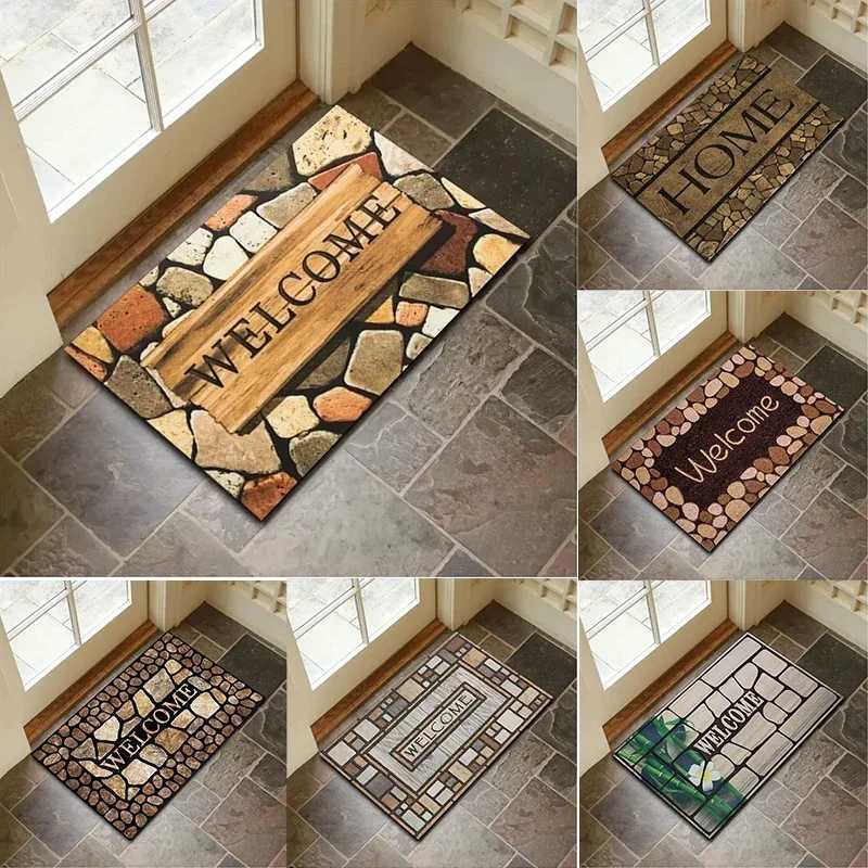 Stone Pattern Door Mat with Welcome Home Design Durable Non Slip Rug Decorative Floor Protector for Front Entrance and Porch S260207
