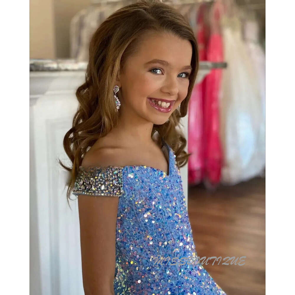 Iridescent Girl Pageant Dress Velvet Sequin Beading Off-Shoulder Little Kid Birthday Formal Party Gown A-Line Toddler Teens Preteen Pink Ivory 0209 Lu