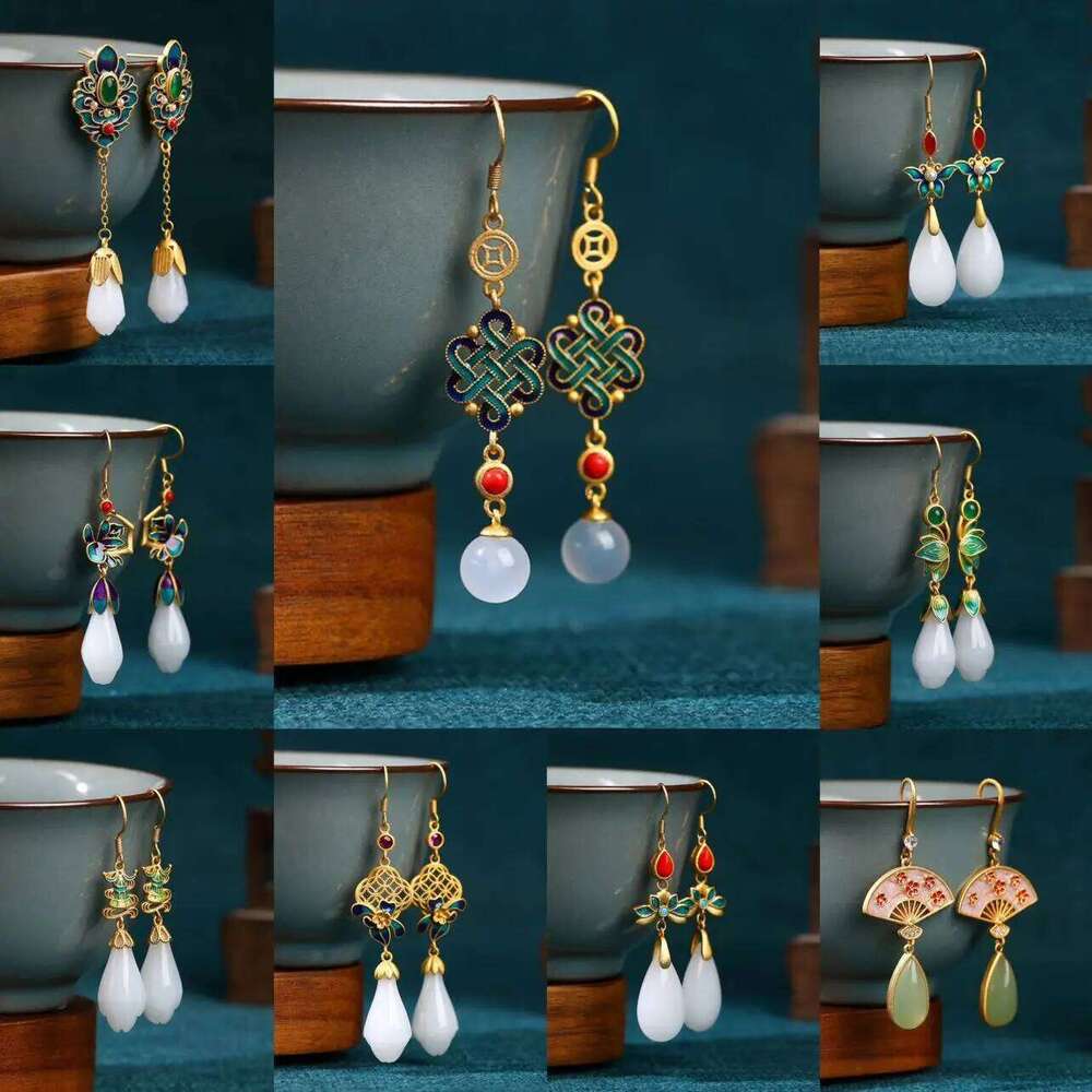 Earrings Traditional Chinese Enamel with Retro Flower Shaped Jade Pendant Gold Plated for Cultural Festival and Wedding Jewellery Gift High Quality Te