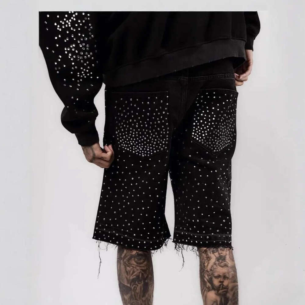 Men's Shorts Gothic Rhinestone Cross Denim Shorts Vintage Embroidered Jean Jorts for Men Women Street wear Hip Hop Gym