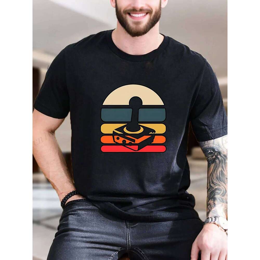 Men's Graphic Print Short Sleeve T-Shirt, Soft Comfortable Pure Cotton - Black & Yellow Video Game Controller Design, Casual S X260209