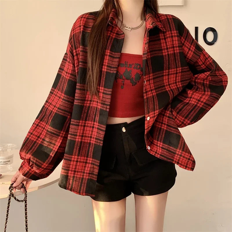 Red Plaid Shirt for Women Teen-girl Button Down Long Sleeve Collared Check Shirt Jacket Casual Fall Winter Christmas Outfit 260207