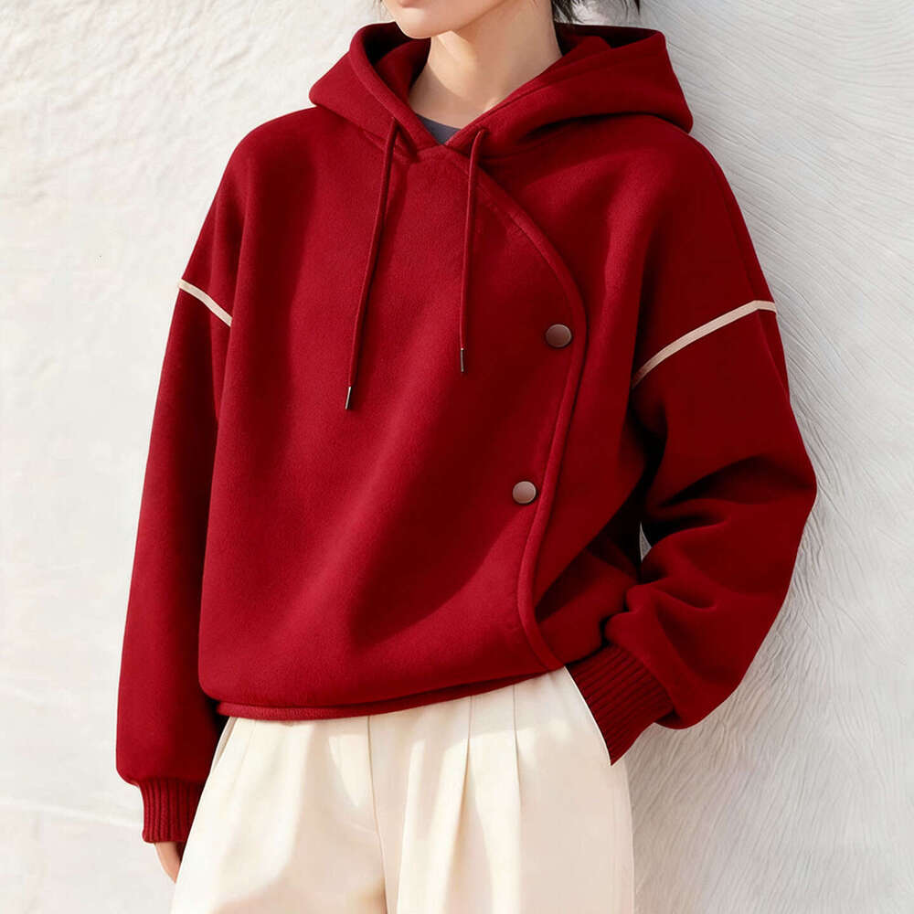 New Autumn And Winter Loose Lazy Style Christmas Red Hooded Irregular Thickened Fleece Sweatshirt Jacket For Women