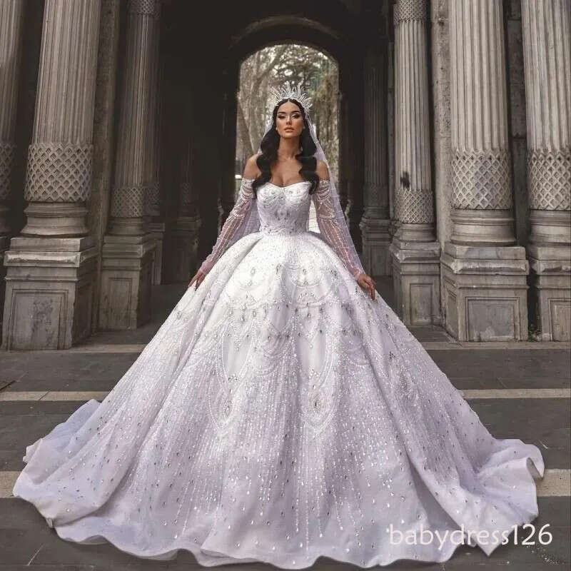 White Gorgeous Crystal Beading Court Train Glitter Ball Wedding Dress Long Sleeved Romantic Princess Bridal Gown